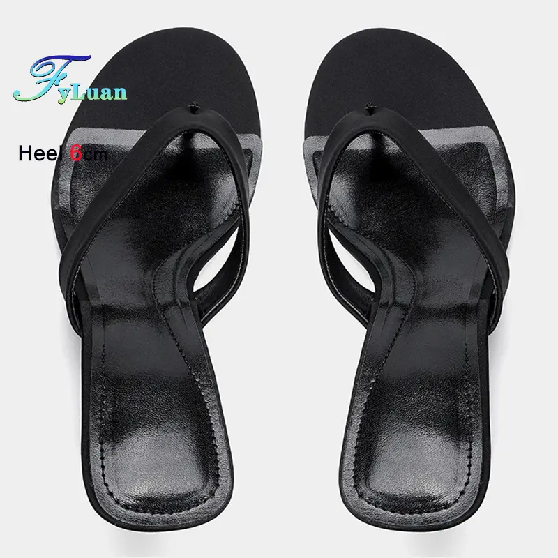 Fashion Summer Black Women's Slippers Round Toe Sloping Heels 6cm Ladies Pumps Flip Flops Slip-on Leisure Beach Shoes Size 35-40 product view