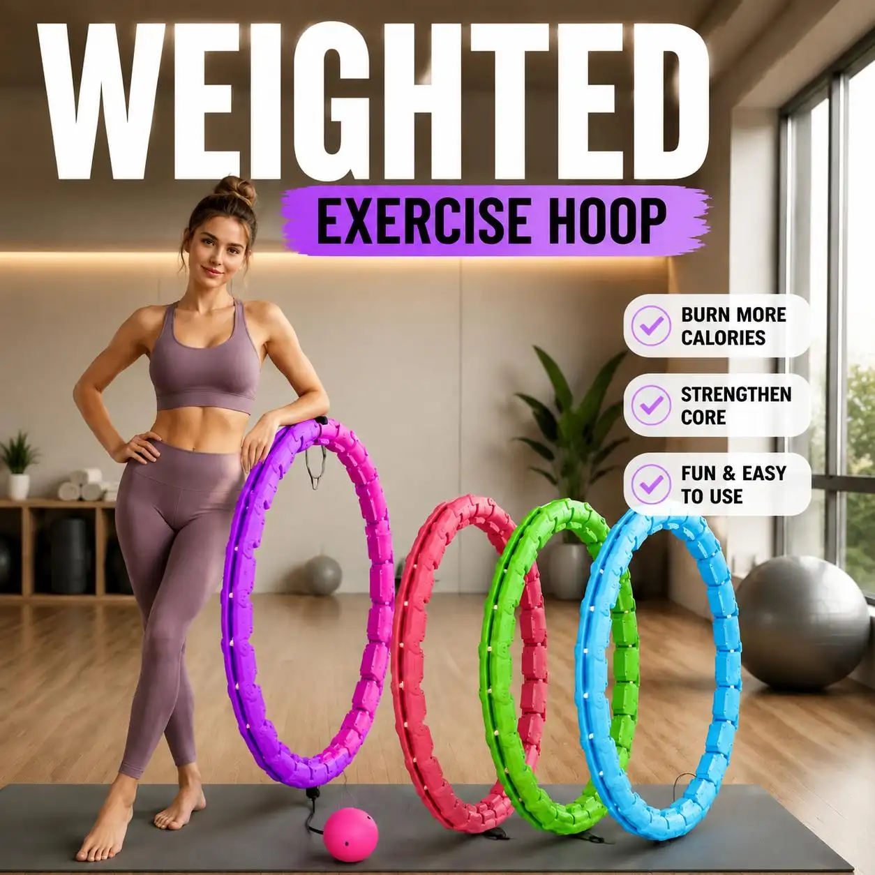 Smart Weighted Fitness Hoop 24 Detachable Links Adjustable Plus Size 47-Inch Slimming Ring Waist Trainer Auto-Spinning Massage Circle for Adults Women Beginners Weight Loss Fat Burning Home Gym Workout Equipment product view