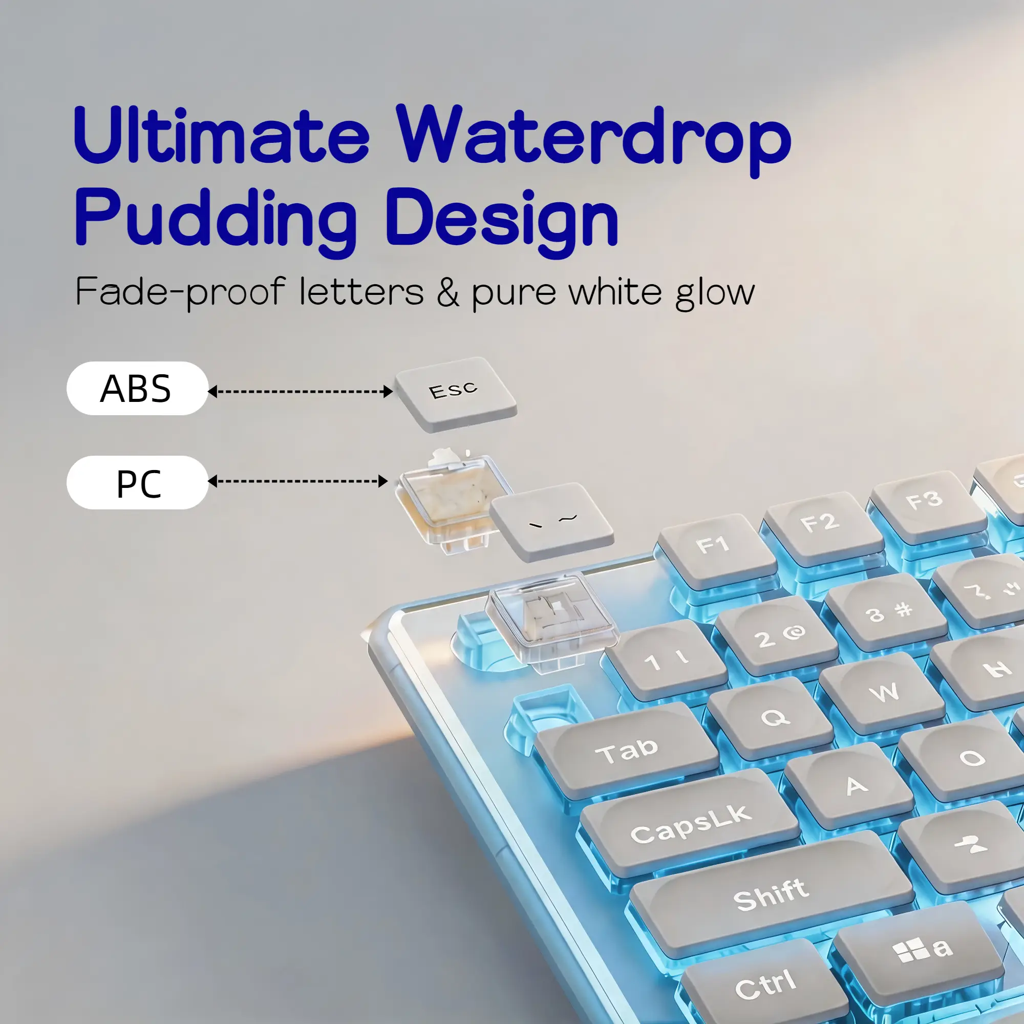 Ice Blue Backlit Gaming Keyboard Pudding Keycaps Metal Panel Wired USB LED Light Adjustable 104 Keys Mechanical Feel Pink White for PC Laptop product view