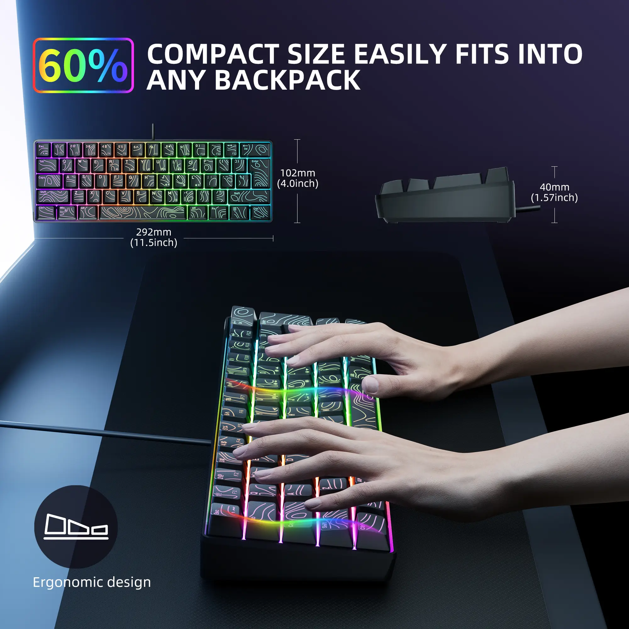 7KEYS Wired 60% Gaming Keyboard, Mini 61 Key RGB, 25 Key Anti Ghosting, Ultra Compact and Portable, Compatible with PC, Mac product view