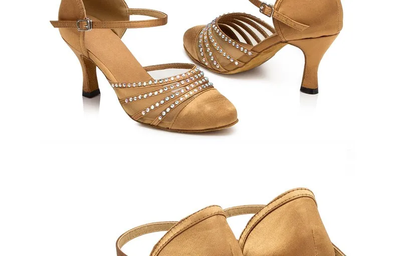 DILEECHI New arrival Tan Satin Latin Modern dance shoes female Autumn and Winter Ballroom dancing shoes thin heels 7.5cm detail