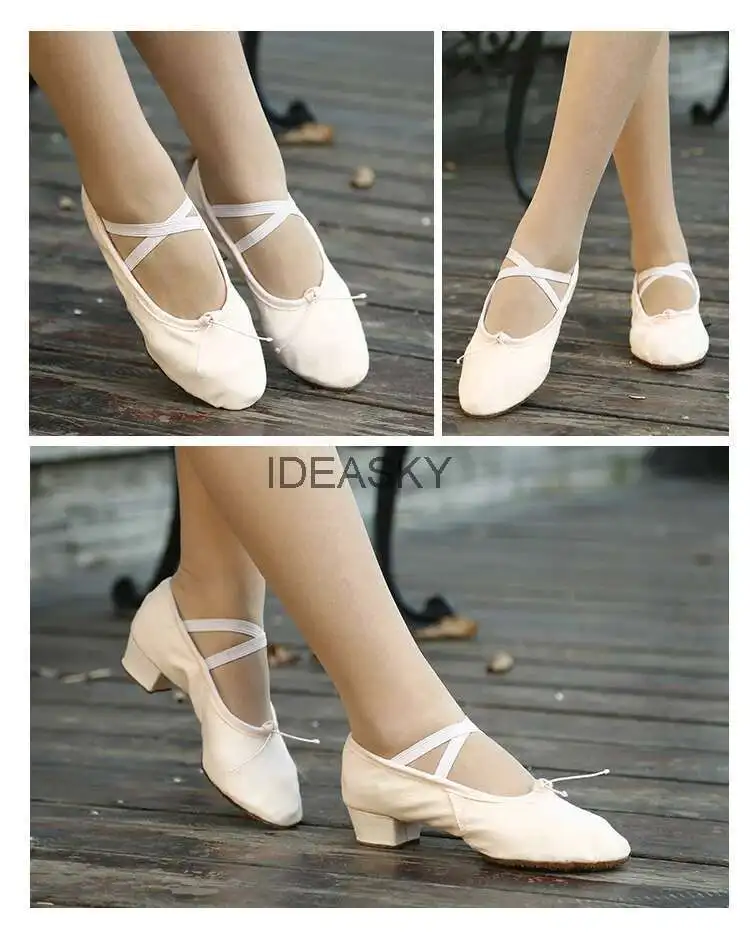 Quality Dancing Shoes For Women Middle Heel Pigskin Canvas Leather Girls Women's Ballet Dance Shoes Belly Yoga Teachers's Shoes detail