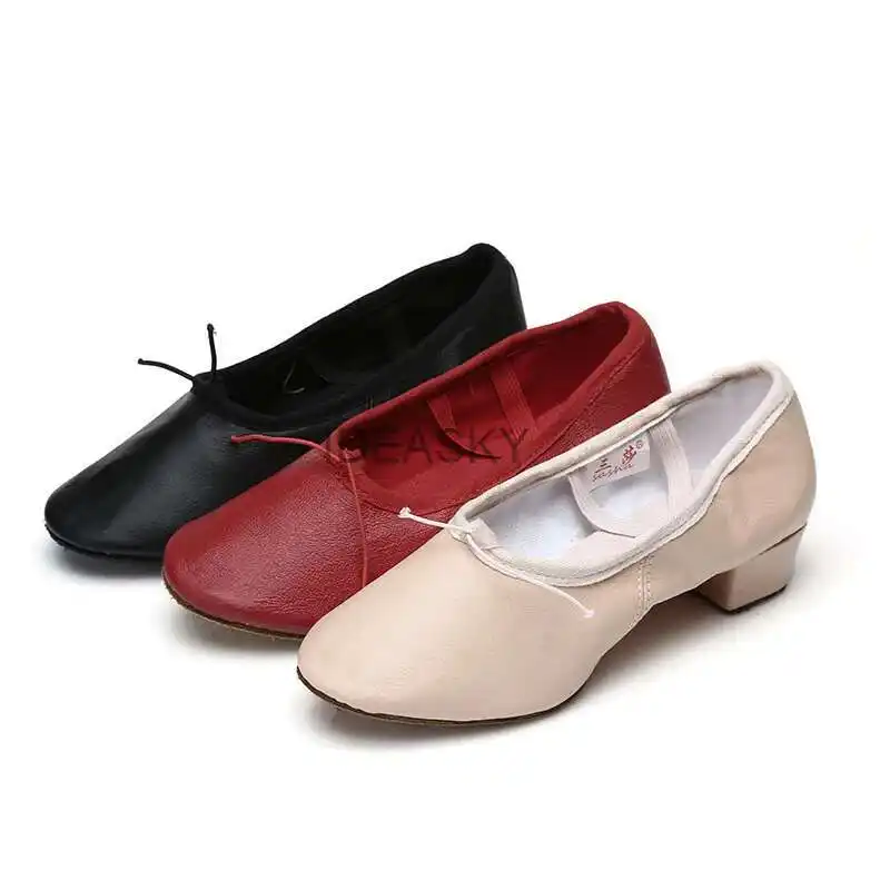 Quality Dancing Shoes For Women Middle Heel Pigskin Canvas Leather Girls Women's Ballet Dance Shoes Belly Yoga Teachers's Shoes product view