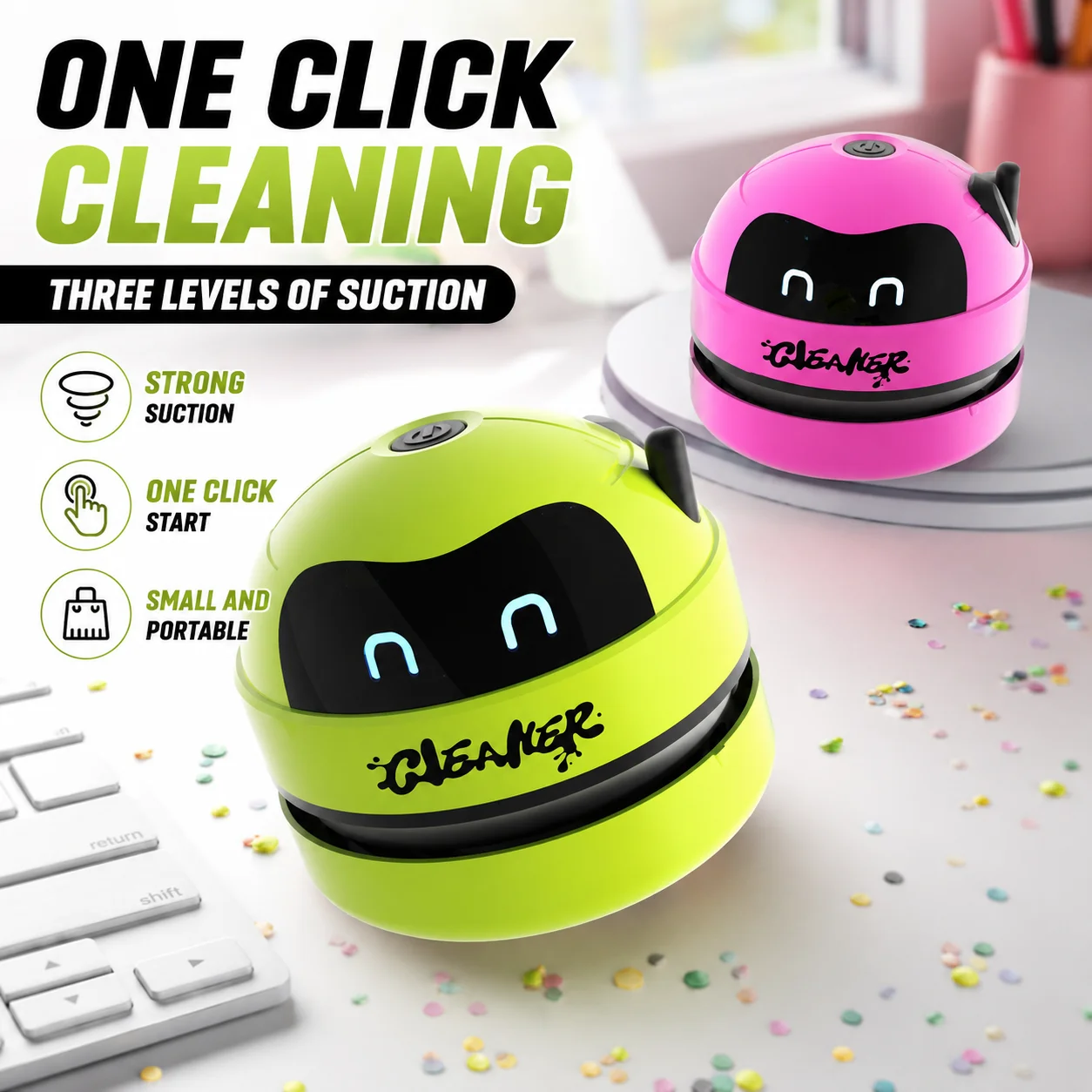 Mini Desktop Vacuum Cleaner Portable Wireless Keyboard Dust Sweeper One Key Desk Cleaning Robot for Home Office Car