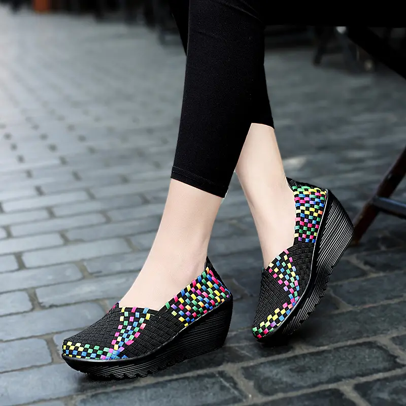 EOFK Autumn Women Woven Shoes Loafers Platform Handmade Elastic Slip on Nylon Woven Casual Wedges Shoes Lady product view