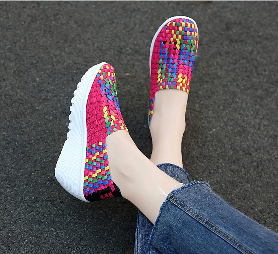 EOFK Autumn Women Woven Shoes Loafers Platform Handmade Elastic Slip on Nylon Woven Casual Wedges Shoes Lady detail