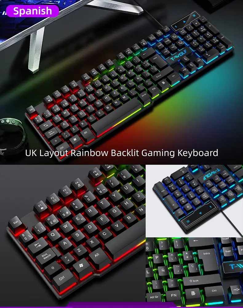 Mechanical Feel Gaming Keyboard Light Backlit RGB Wired Keyboard USB Office Home Media Keys Russian Spanish Arabic English product view