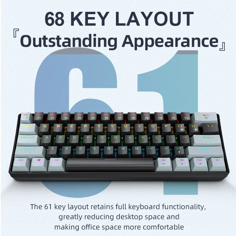 APAYADO K61 Mini 60% Gaming Keyboard 61-Key, Wired, Portable, RGB Lighting, Red/Blue Switch, Black/White/Red Colors product view