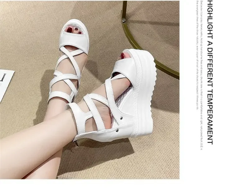 Women's High Heel Sandals 13CM Slope Heel Thick Bottom Cross Band Fish Mouth Shoes New Style Increased Height Summer Shoes detail