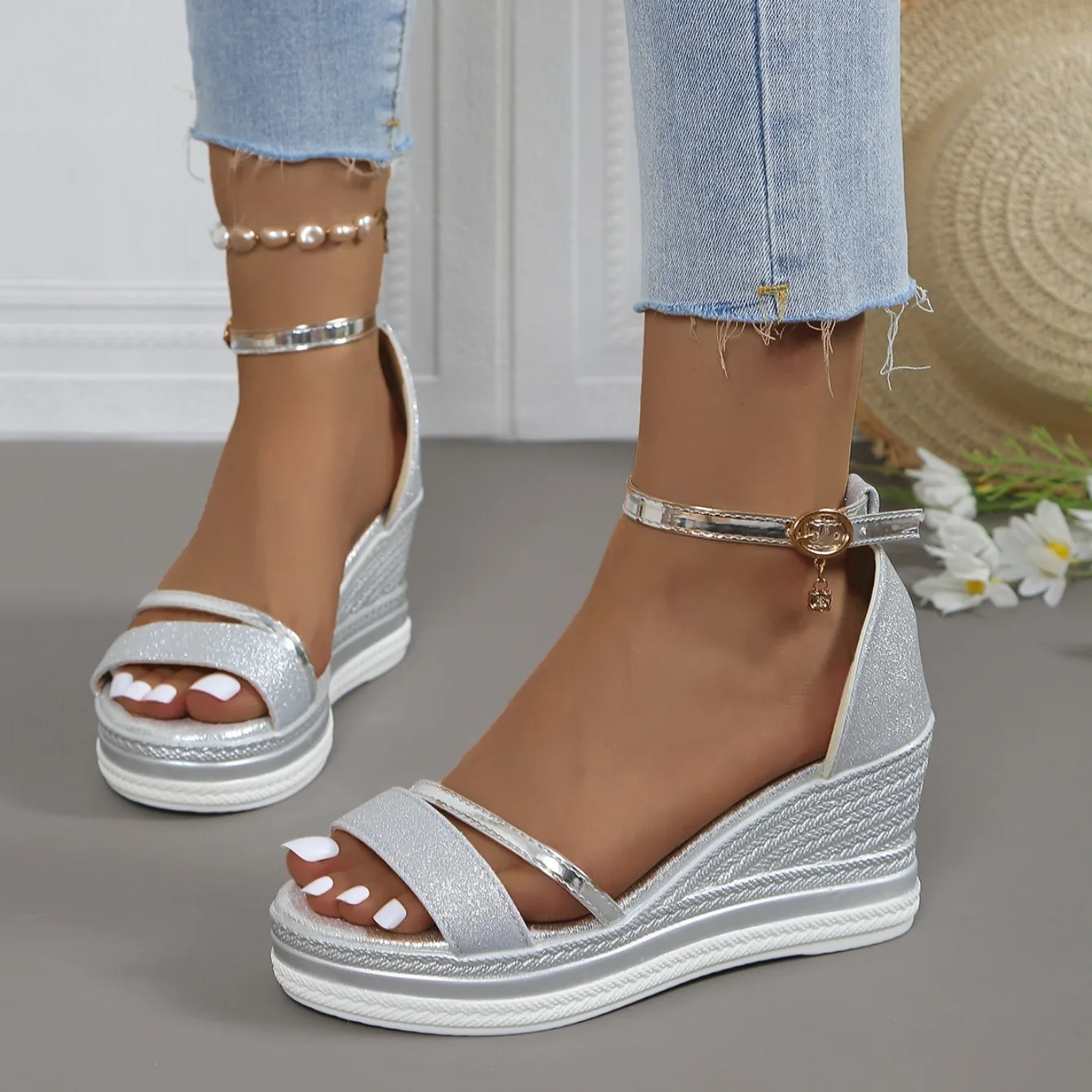 2024 New Summer Women Wedges Sandals Fashion Solid Color Shoes for Women High Heels Platform Designer Sandals Zapatos De Mujer detail