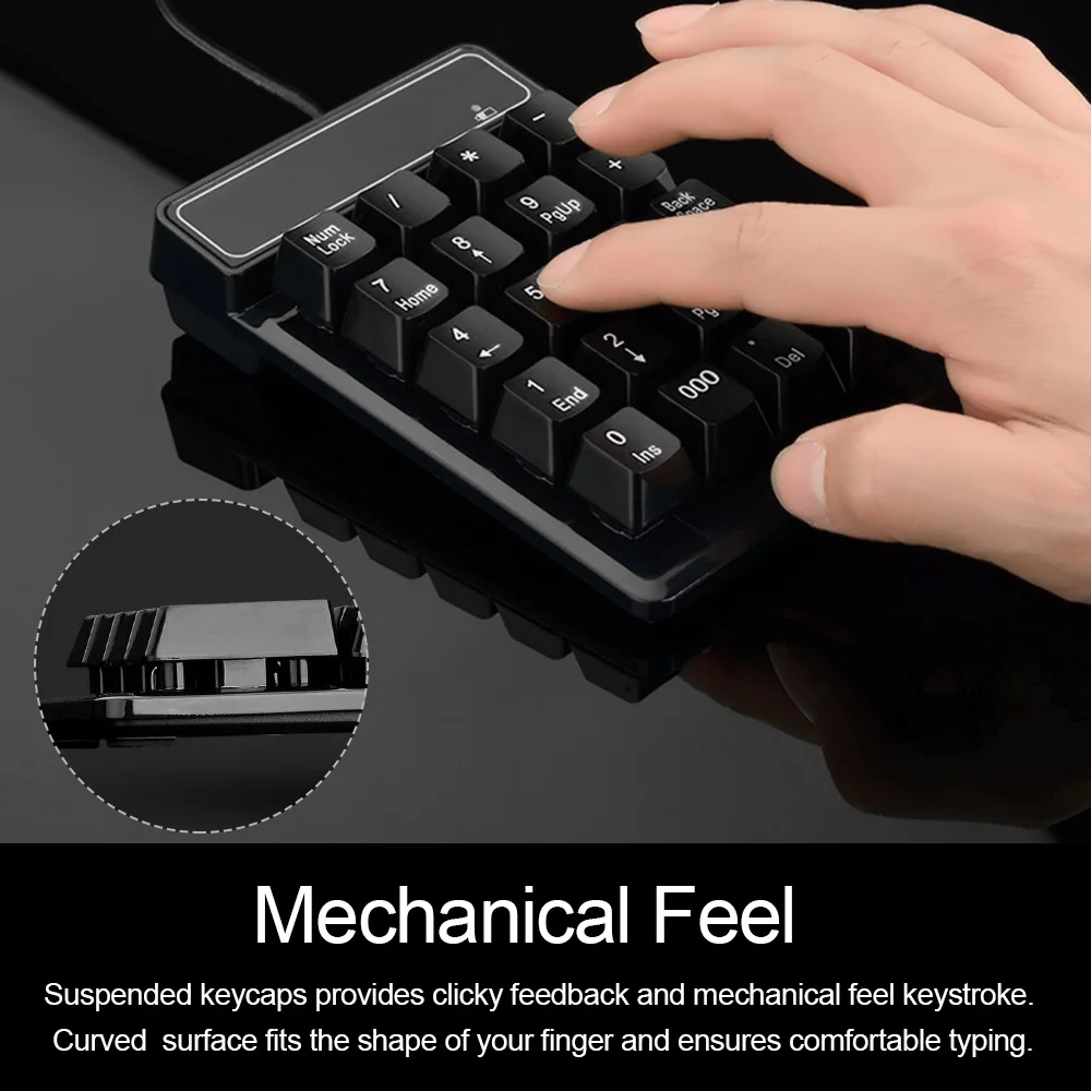 USB Wired Numeric Keypad Mechanical Feel Number Pad Keyboard 19 Keys Water-proof for Laptop Desktop PC Notebook Black detail
