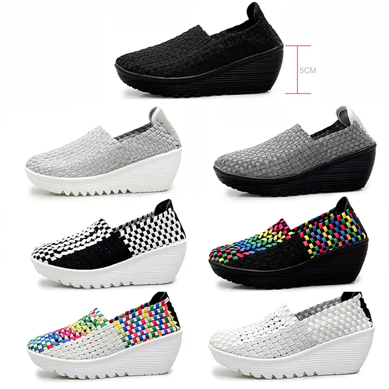 EOFK Autumn Women Woven Shoes Loafers Platform Handmade Elastic Slip on Nylon Woven Casual Wedges Shoes Lady product view