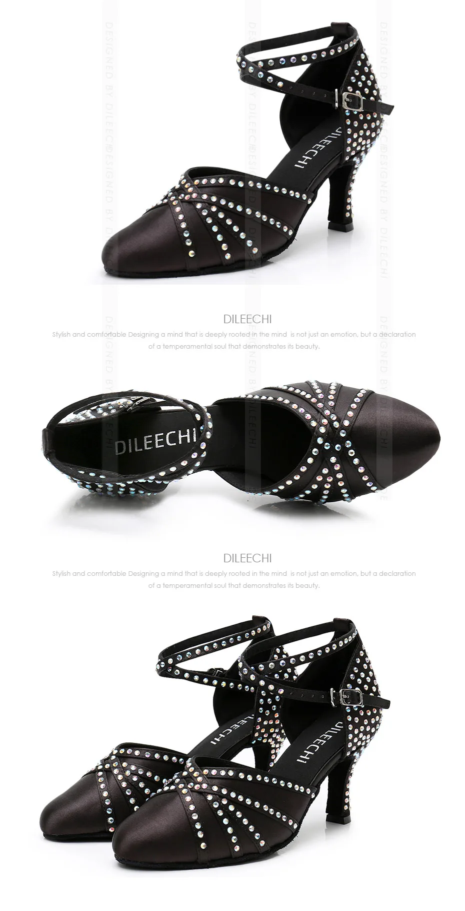 DILEECHI Tan Satin rhinestones Latin Modern dance shoes women Autumn and Winter Ballroom dancing shoes 7.5cm closed toe shoes detail