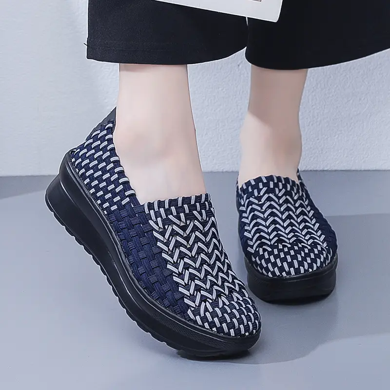 EOFK Autumn Women Woven Shoes Loafers Platform Handmade Elastic Slip on Nylon Woven Casual Wedges Shoes Lady product view