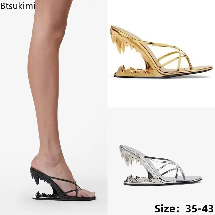 New Concise Tiger Tooth Shaped Heel Women's Summer High-heeled Slippers Fashion Shows Alien Slope Heel Party Club Sandals 35-43