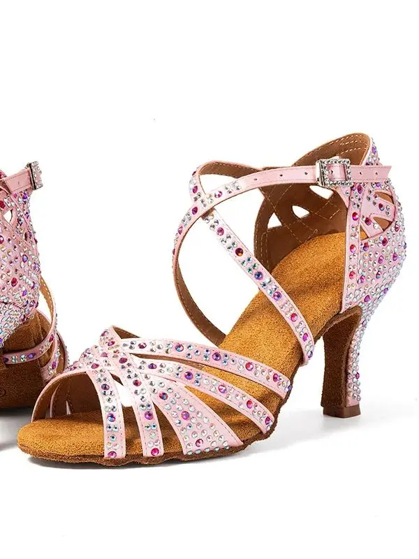Latin dance shoes pink adult women's high heels rhinestone square dance shoes soft sole national standard double ballroom dance detail