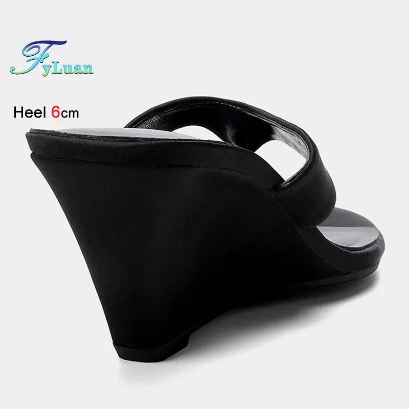Fashion Summer Black Women's Slippers Round Toe Sloping Heels 6cm Ladies Pumps Flip Flops Slip-on Leisure Beach Shoes Size 35-40 product view