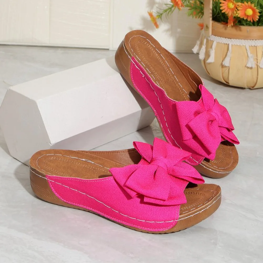 New Large Size Butterfly Knot Thick Heel Sandals Women Outdoor Wear Slope Heel Open Toe Fish Mouth Lightweight Beach Slippers detail