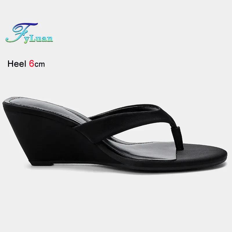 Fashion Summer Black Women's Slippers Round Toe Sloping Heels 6cm Ladies Pumps Flip Flops Slip-on Leisure Beach Shoes Size 35-40 product view