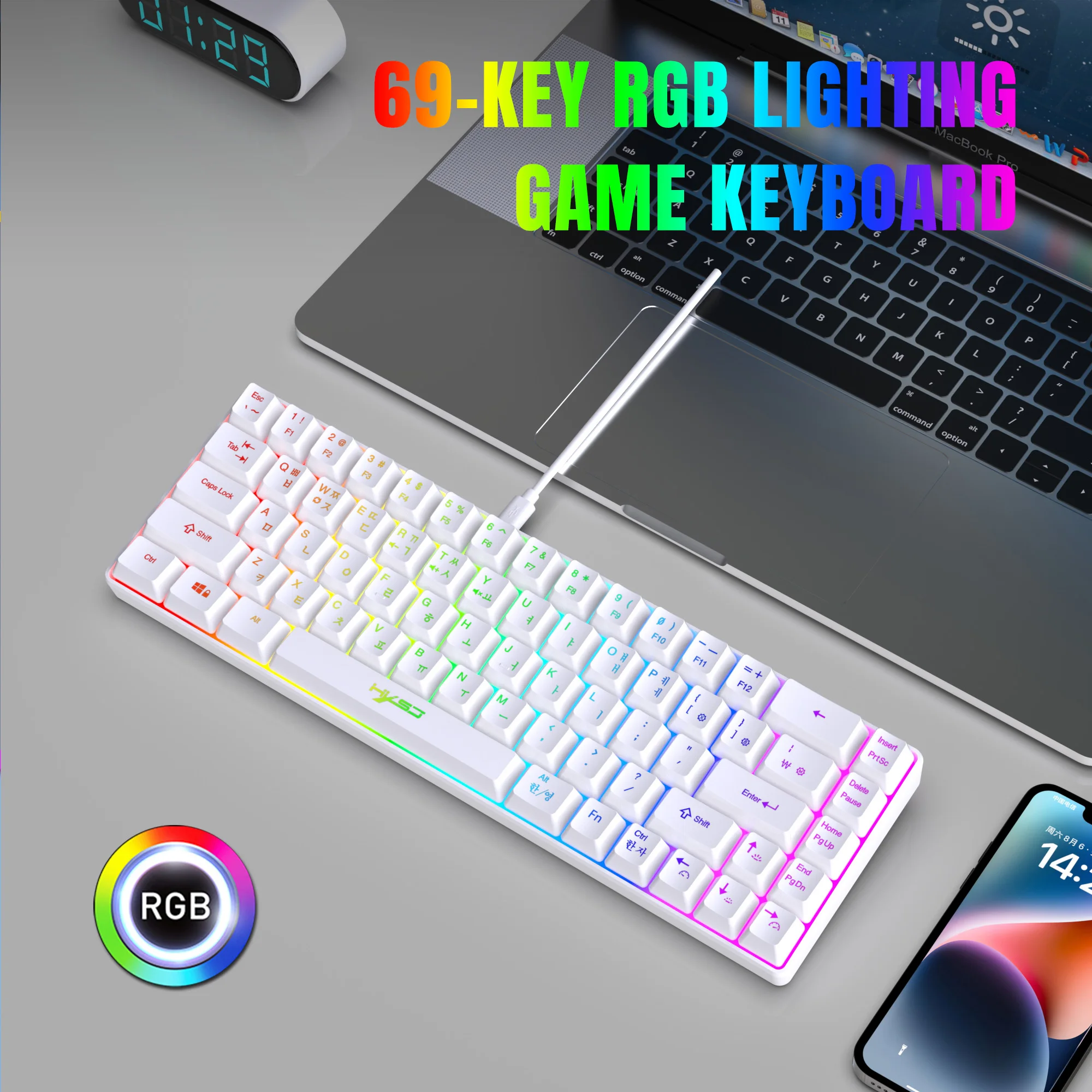 68 Keys Gaming Keyboard USB Wired Portable 20 RGB Backlight Korean Russian English Keyboard for Windows Laptops Computer detail
