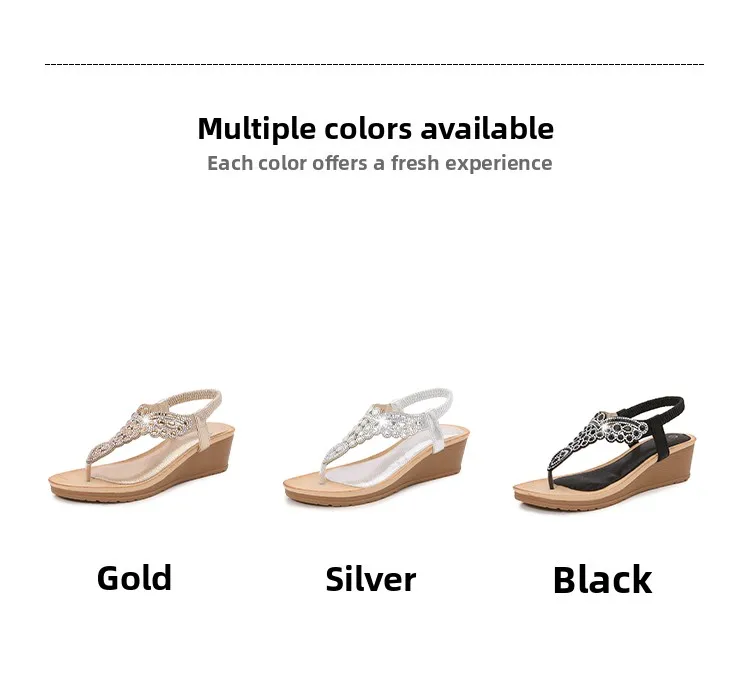 Ladies Roman Sandals Bohemian Ethnic Style Water Diamond Slope Heel Summer New Fashion Shoes Low Help Glue Stick Sandals detail