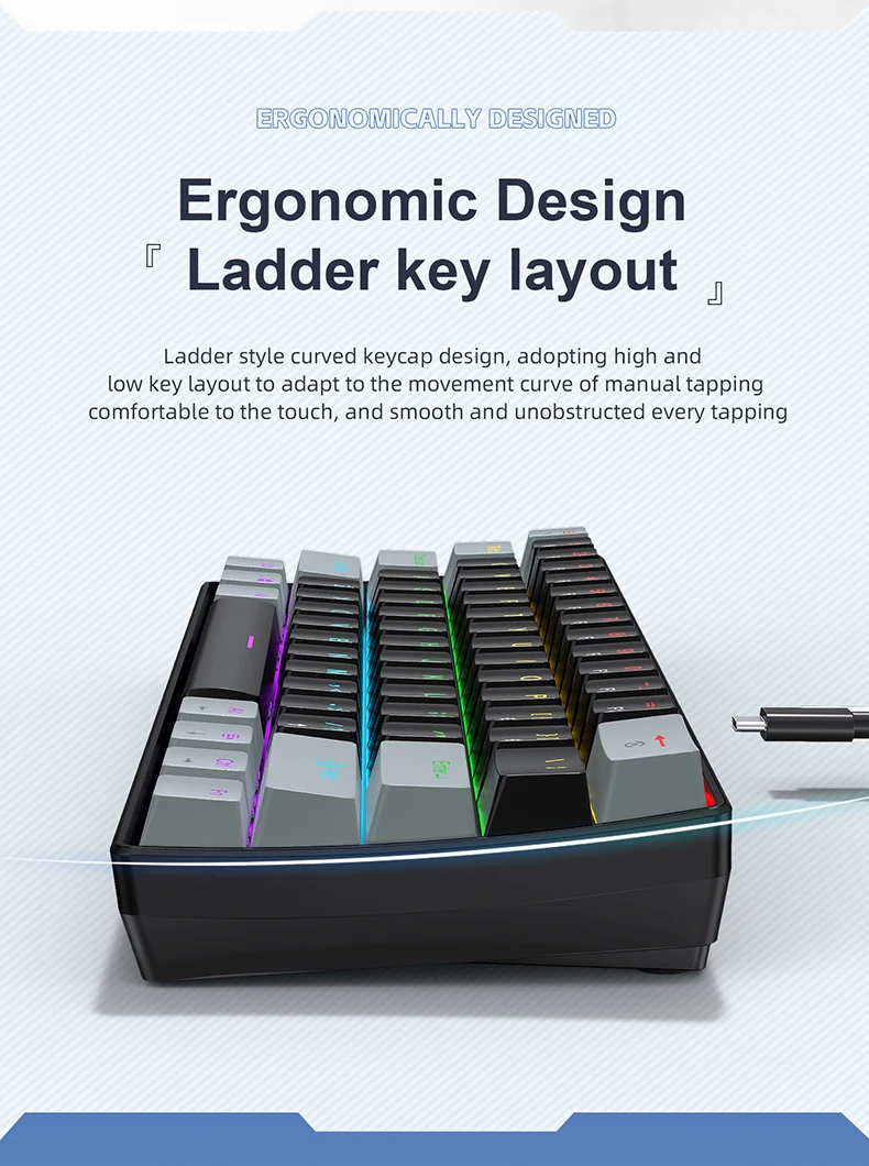 APAYADO K61 Mini 60% Gaming Keyboard 61-Key, Wired, Portable, RGB Lighting, Red/Blue Switch, Black/White/Red Colors detail