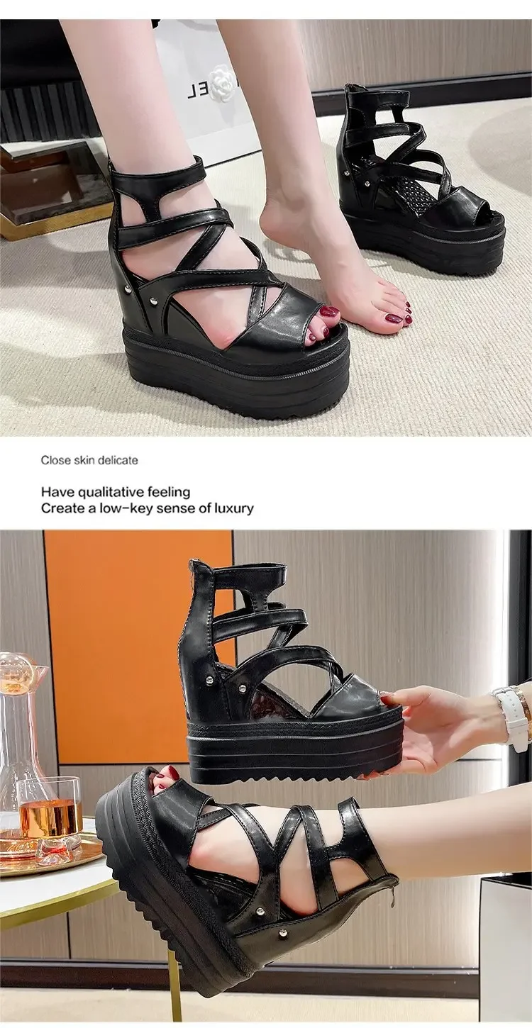 Women's High Heel Sandals 13CM Slope Heel Thick Bottom Cross Band Fish Mouth Shoes New Style Increased Height Summer Shoes detail