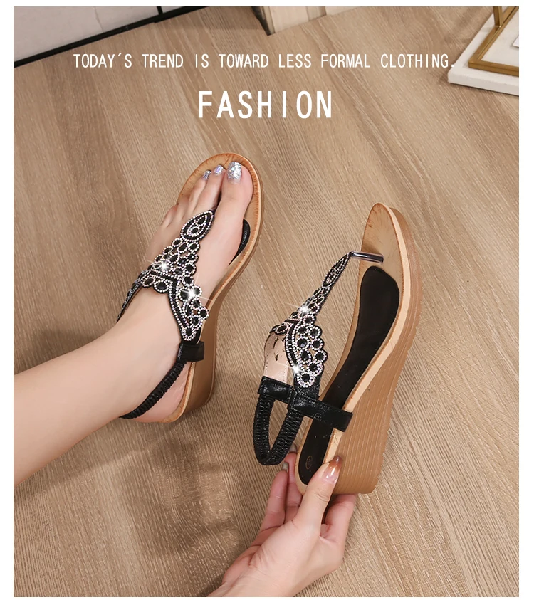 Ladies Roman Sandals Bohemian Ethnic Style Water Diamond Slope Heel Summer New Fashion Shoes Low Help Glue Stick Sandals detail