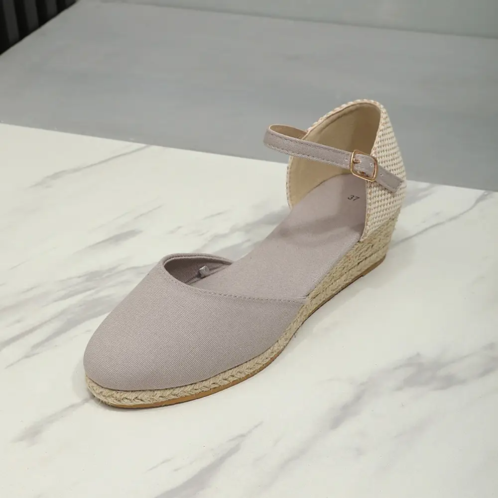 Baotou Sandals for Women's 2026 Summer Grass Woven Hemp Rope Slope Heel Shoes Women Round Toe Thick Sole Buckle Womens Sandals product view
