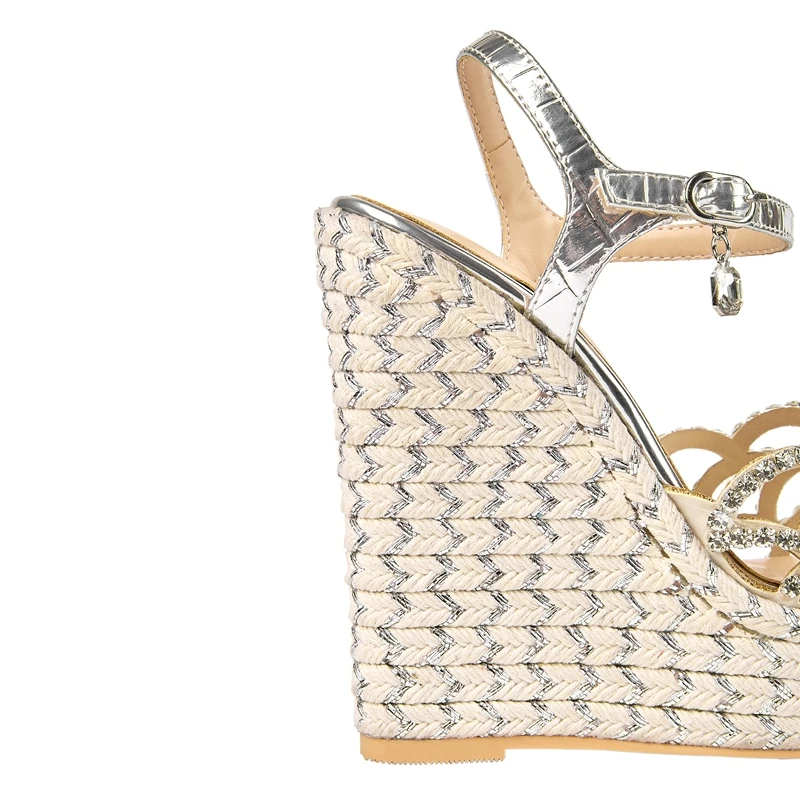 Women's New Summer Round Toe Thick Sole With Diamond Inlaid High Heels, Large Open Toe Hemp Rope Woven Slope Heel Sandals detail