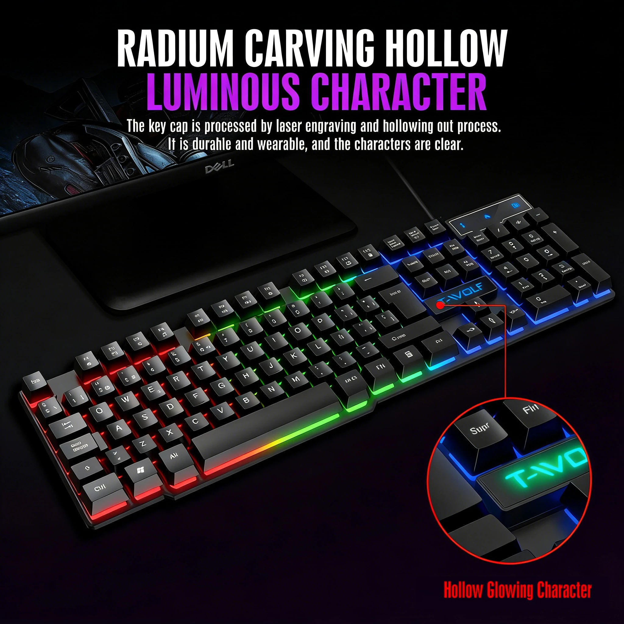 Mechanical Feel Gaming Keyboard Light Backlit RGB Wired Keyboard USB Office Home Media Keys Russian Spanish Arabic English detail