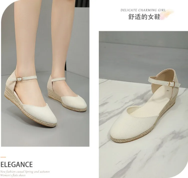 Baotou Sandals for Women's 2026 Summer Grass Woven Hemp Rope Slope Heel Shoes Women Round Toe Thick Sole Buckle Womens Sandals detail