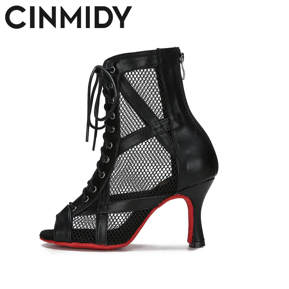 CINMIDY Leather Dance Boots Red /Black lSole Ballroom Dancing Shoes Latin Dance Shoes Woman Pole Dance Boots Ladies Party Shoes product view