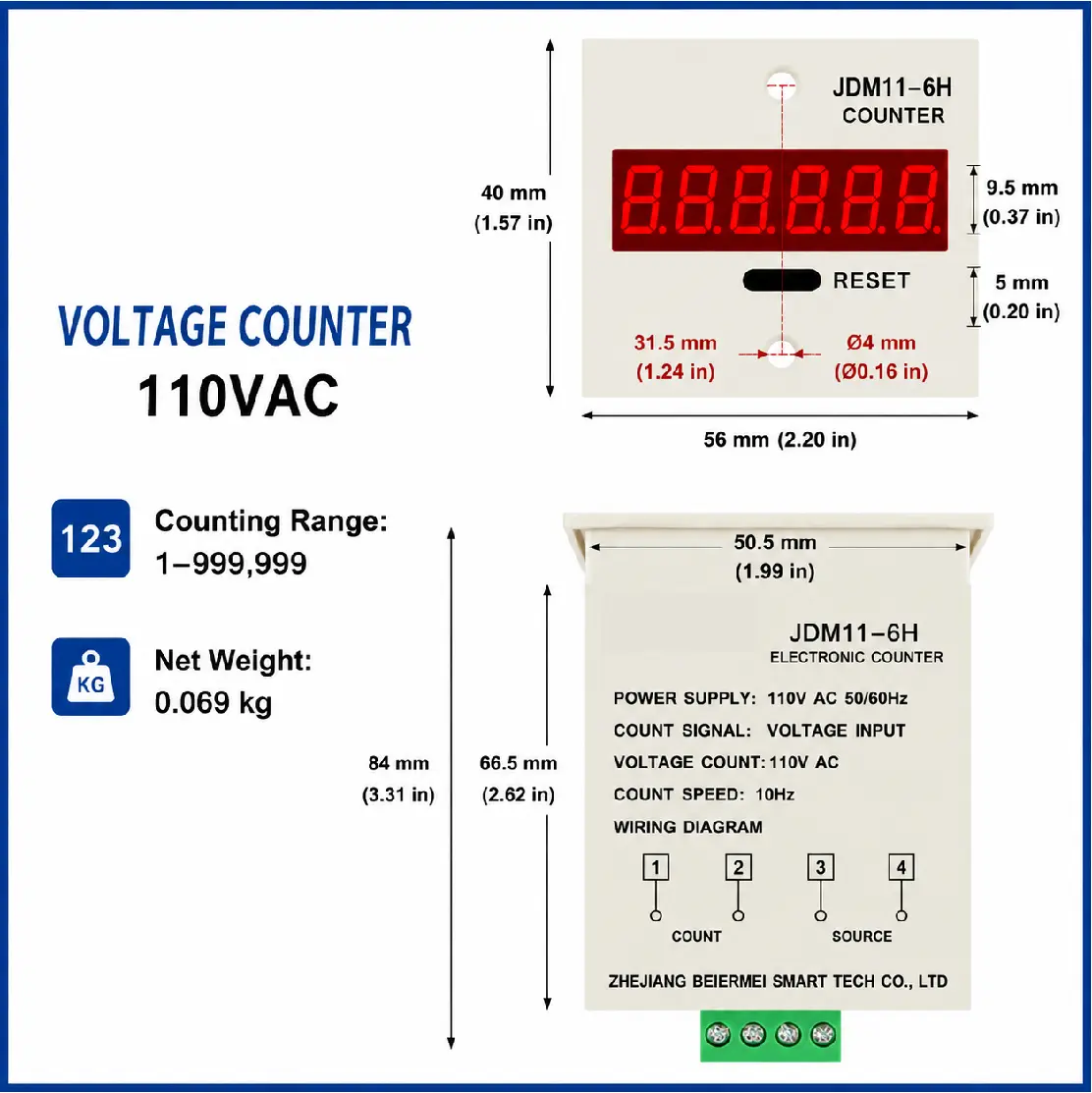 JDM11-6H 6 Digit Digital Counter LED Display Electronic Totalizer Industrial Panel Mount Counter Power Failure Memory 12-380V product view