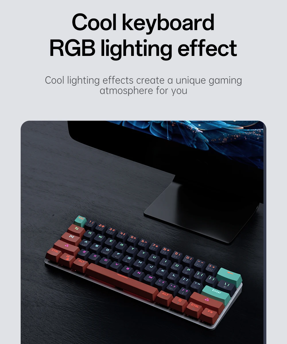 MUCAI 61 key USB hot swappable esports mechanical keyboard game red axis LED cool light effect compact and practical detail