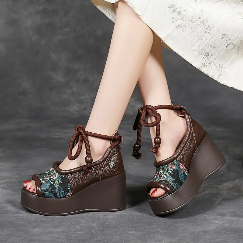 Soft Leather New Chinese Embroidered Slope High Heel Fish Mouth Sandals Women's Vintage Lace-up Platform Cutout Roman Shoes detail