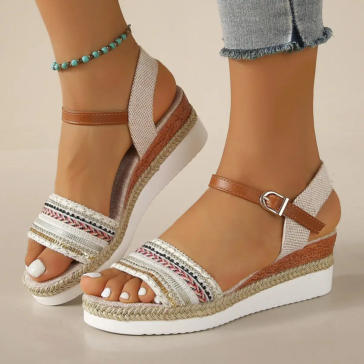 Summer New Large Size Slope Heel Thick Bottom Women Sandals Woven Strap Direct Sale from Factory Polyurethane Shoe Sole product view