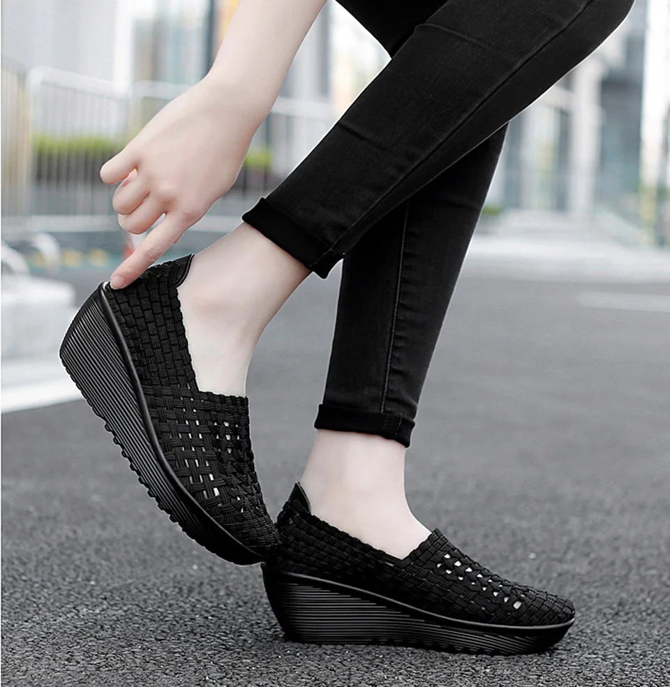 EOFK Autumn Women Woven Shoes Loafers Platform Handmade Elastic Slip on Nylon Woven Casual Wedges Shoes Lady detail