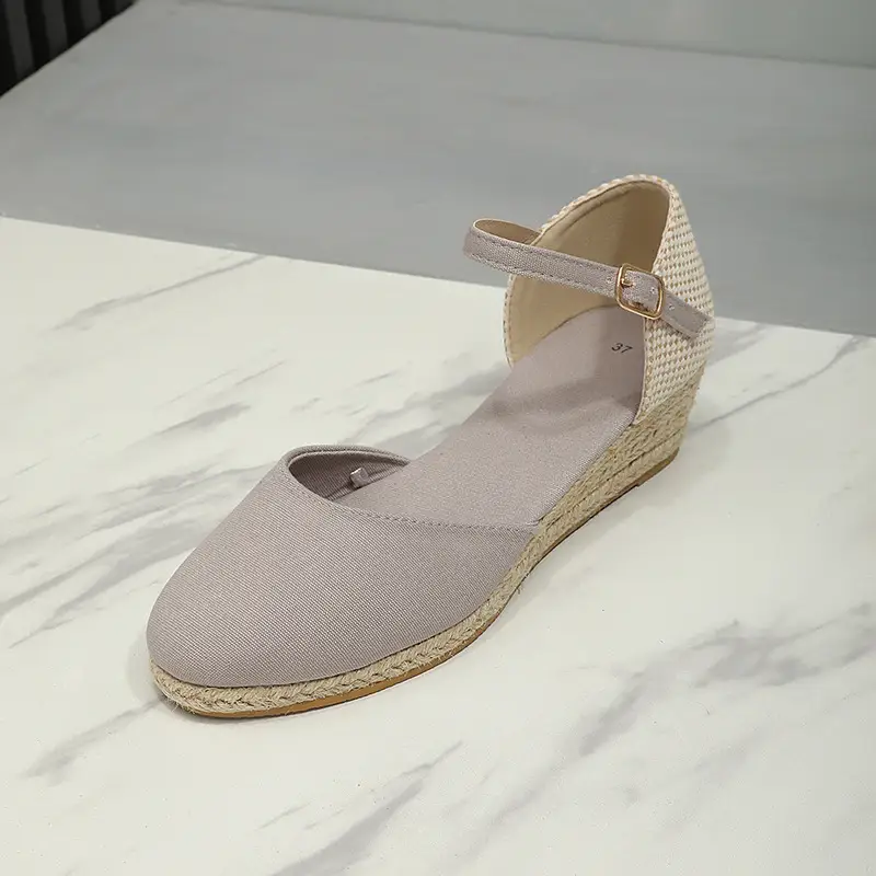 Baotou Sandals for Women's 2026 Summer Grass Woven Hemp Rope Slope Heel Shoes Women Round Toe Thick Sole Buckle Womens Sandals product view