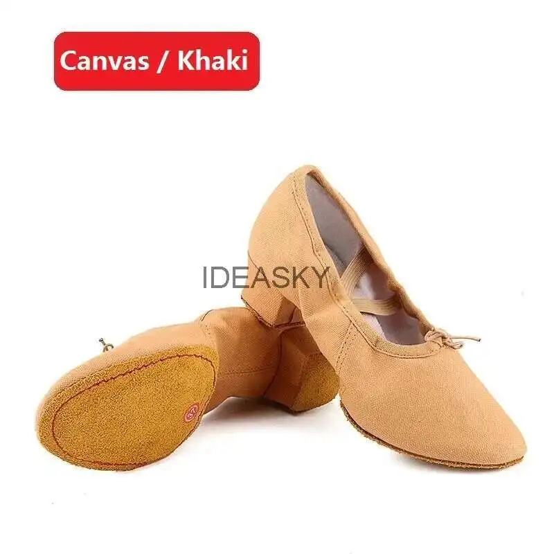 Quality Dancing Shoes For Women Middle Heel Pigskin Canvas Leather Girls Women's Ballet Dance Shoes Belly Yoga Teachers's Shoes detail