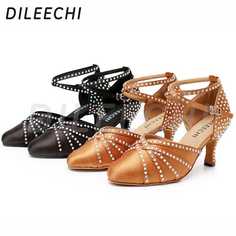 DILEECHI Tan Satin rhinestones Latin Modern dance shoes women Autumn and Winter Ballroom dancing shoes 7.5cm closed toe shoes product view