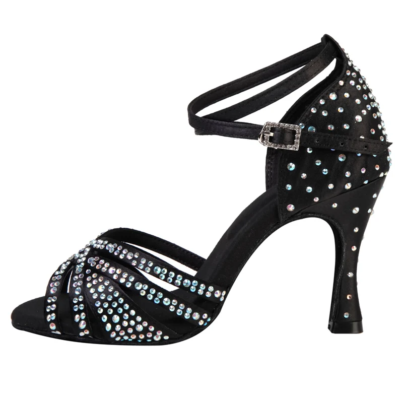 Latin Dance Shoes Adult Women's High Heel Dance Shoes Satin Salty High Heel Shoes with Diamond Embedding Dance Shoes 7.5cm detail