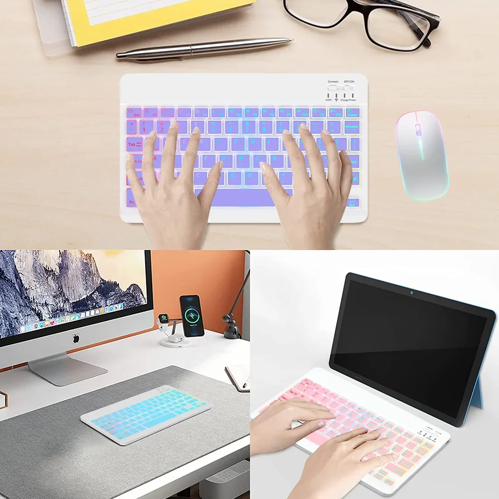 New Slim 7 Color Backlit Bluetooth Keyboard Mouse ComboRechargeable MultiLanguage for Tablet Phone detail