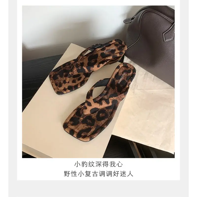 Slope heel leopard print herringbone sandals for women's casual wear, fashionable , mid heeled women's shoes with a stylish look product view