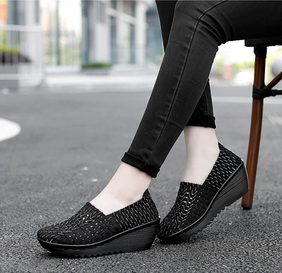 EOFK Autumn Women Woven Shoes Loafers Platform Handmade Elastic Slip on Nylon Woven Casual Wedges Shoes Lady detail