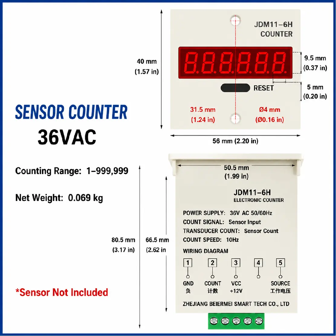 JDM11-6H 6 Digit Digital Counter LED Display Electronic Totalizer Industrial Panel Mount Counter Power Failure Memory 12-380V product view