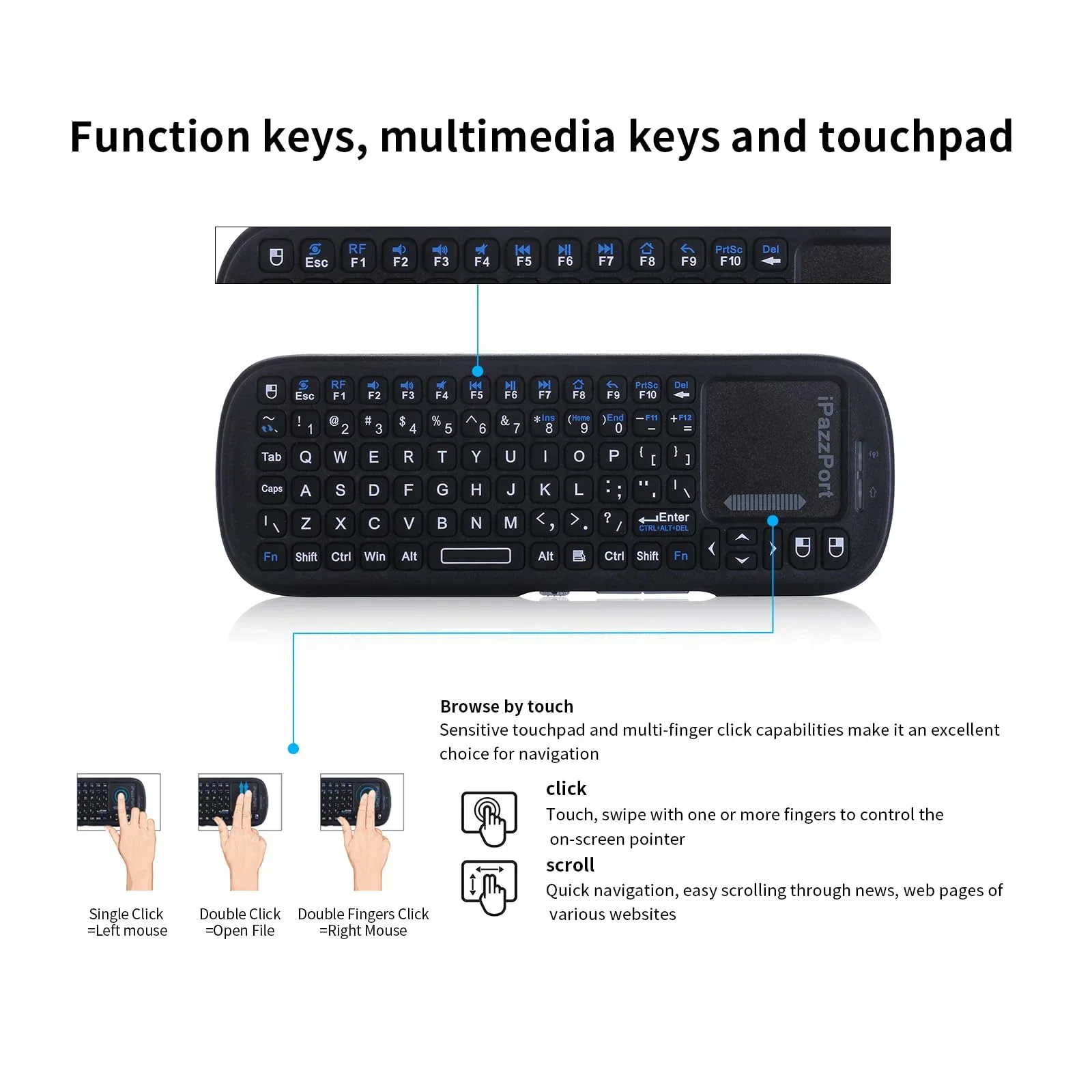 IPazzPort Mini Bluetooth & 2.4GHz Wireless Keyboard with Touchpad Mouse Combo for Android TV Box/PC/Tablet/PS4/Raspberry Pi 3/HT product view