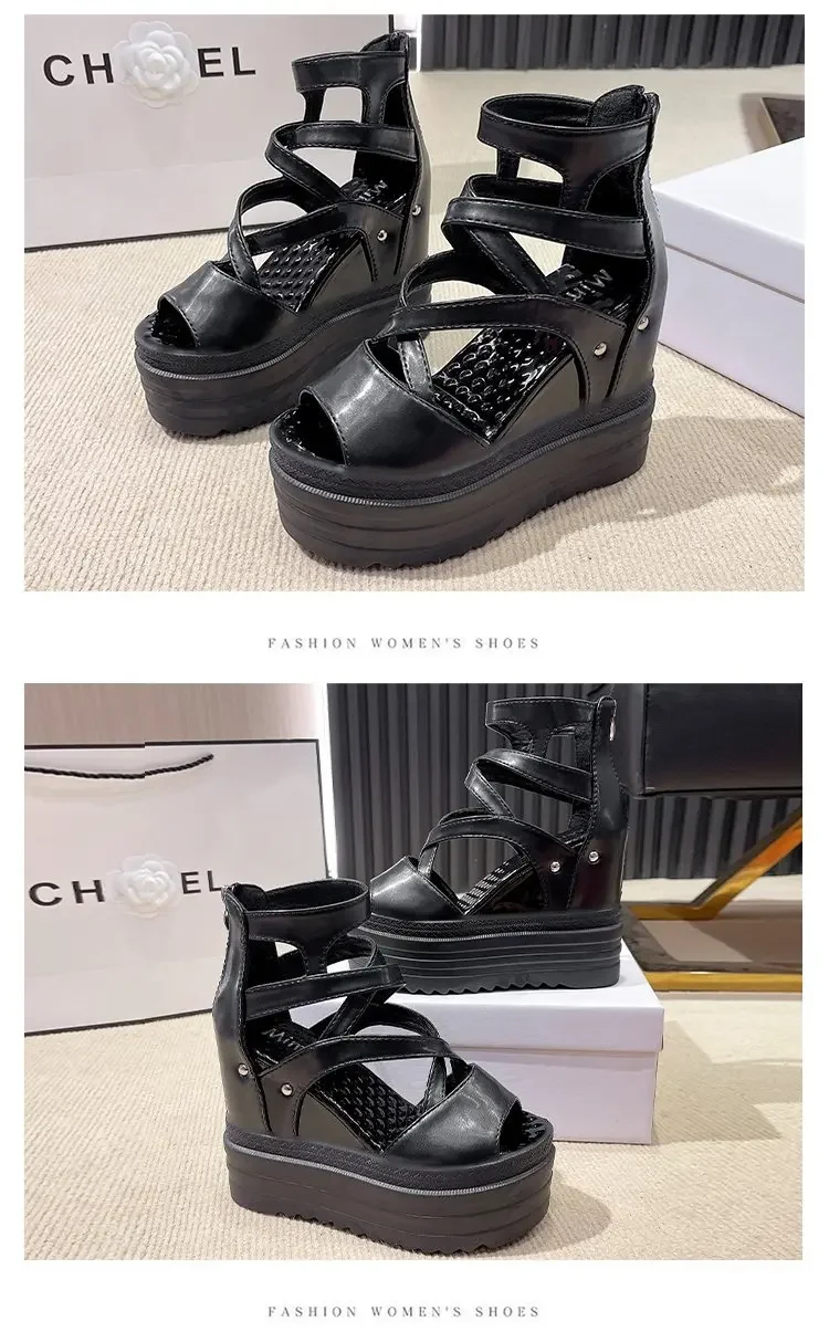 Women's High Heel Sandals 13CM Slope Heel Thick Bottom Cross Band Fish Mouth Shoes New Style Increased Height Summer Shoes detail