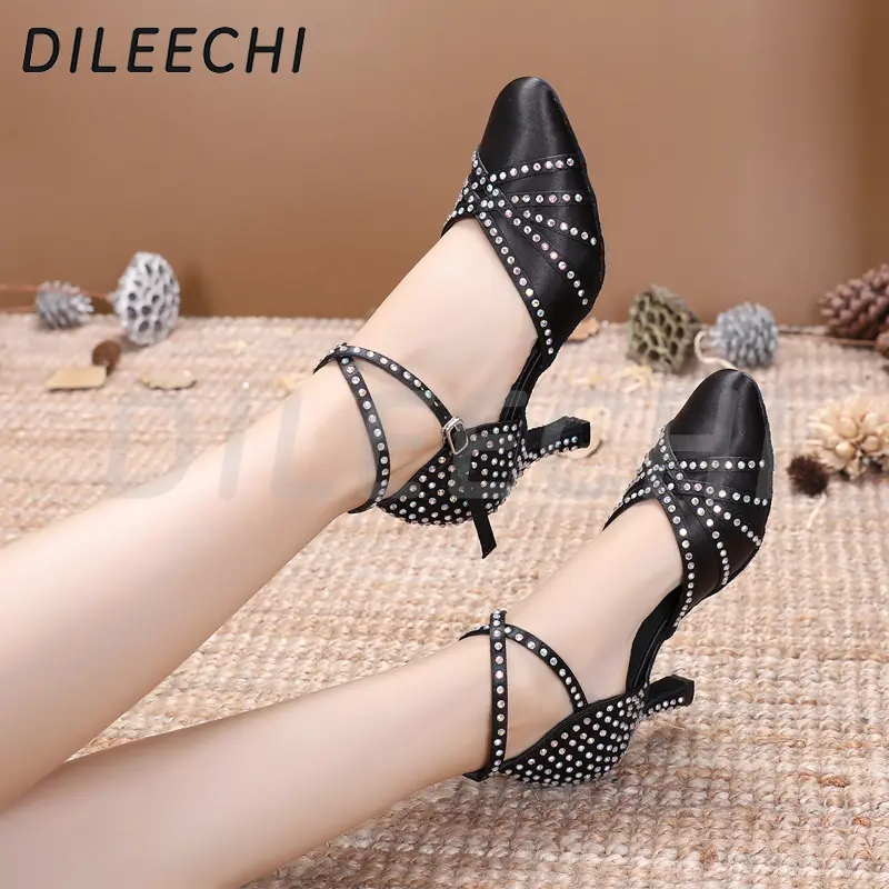 DILEECHI Tan Satin rhinestones Latin Modern dance shoes women Autumn and Winter Ballroom dancing shoes 7.5cm closed toe shoes product view