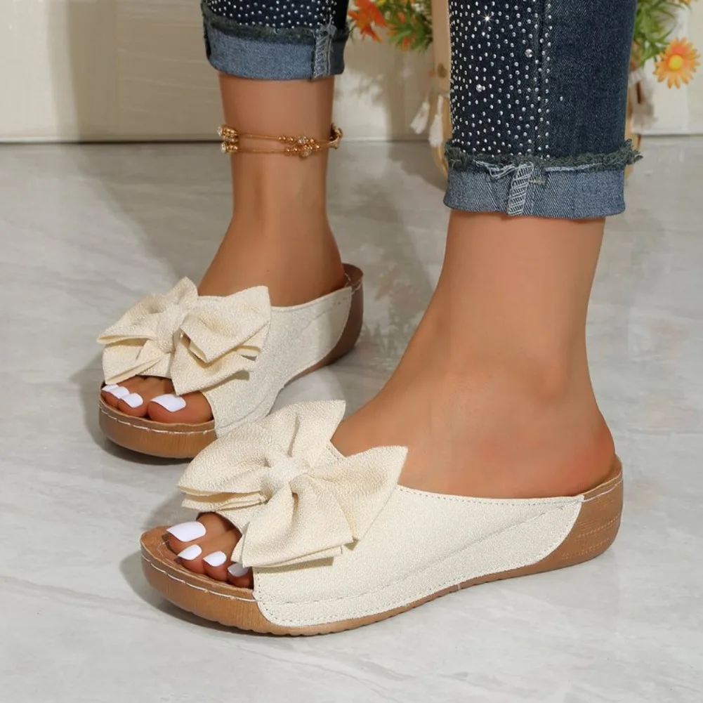 New Large Size Butterfly Knot Thick Heel Sandals Women Outdoor Wear Slope Heel Open Toe Fish Mouth Lightweight Beach Slippers detail